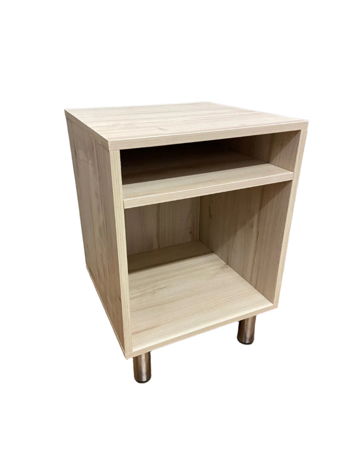 Wooden side table with two shelves on a white background