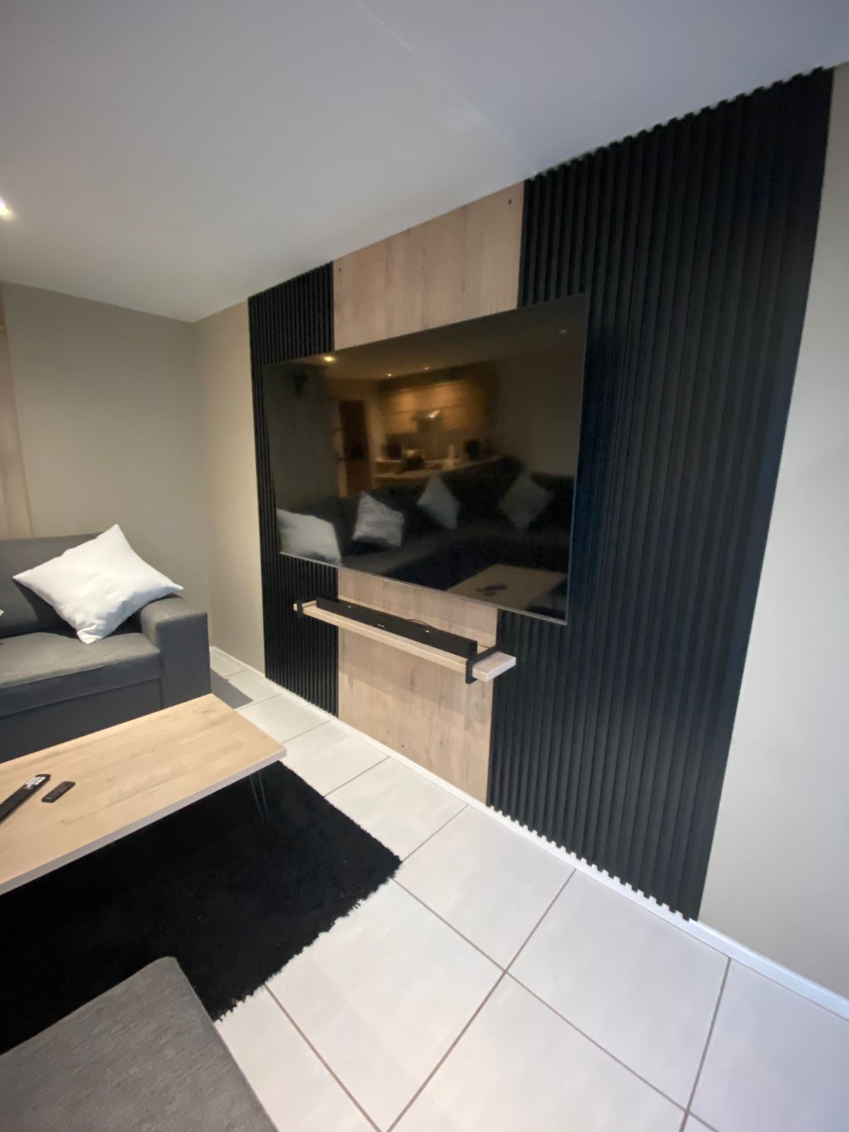 TV Unit 2m Brookhill Center with Black fluted panels