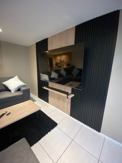 TV Unit 2m Brookhill Center with Black fluted panels